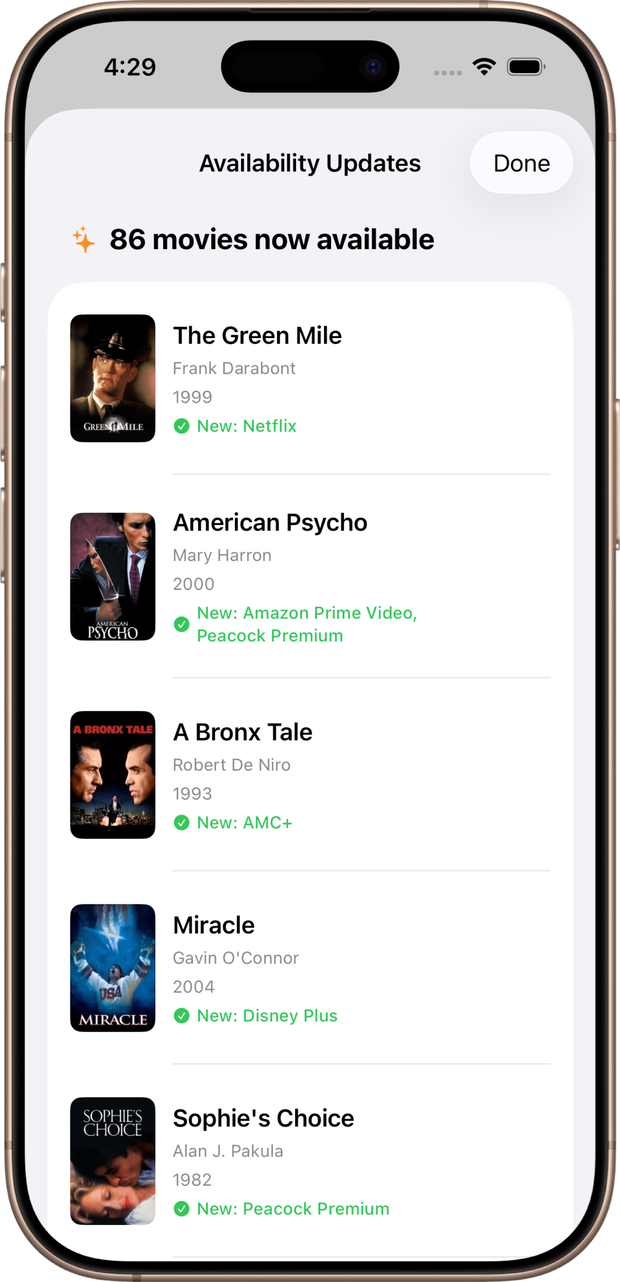 WatchRadar+ streaming availability updates sheet showing newly available movies on US streaming services