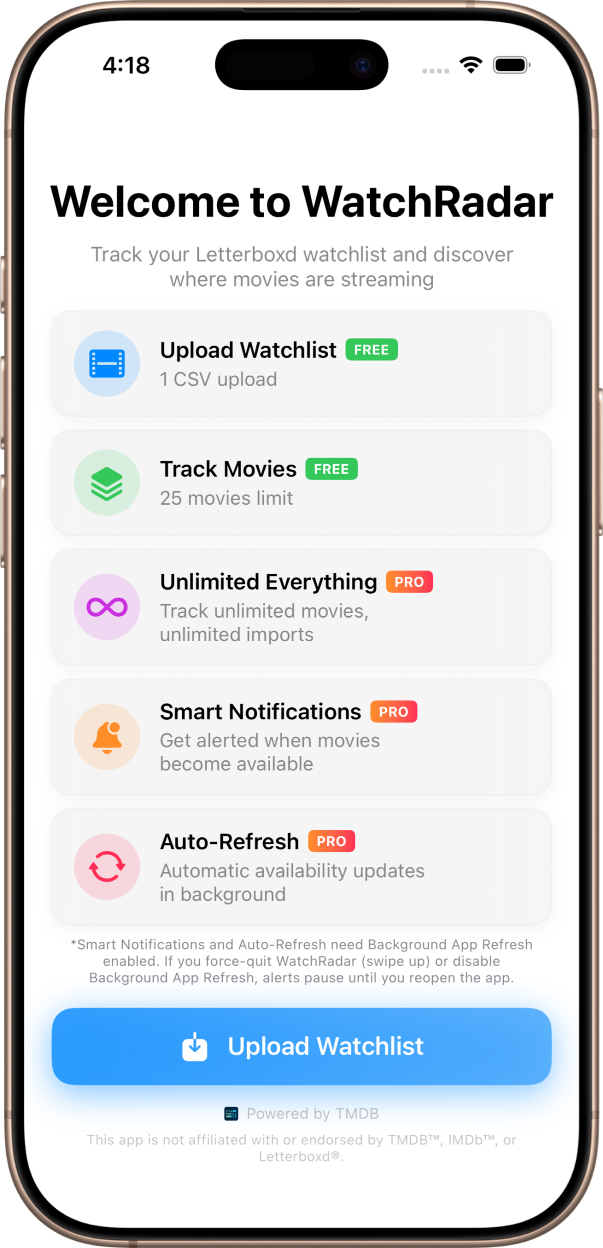 WatchRadar+ iPhone app import screen showing Letterboxd CSV import process