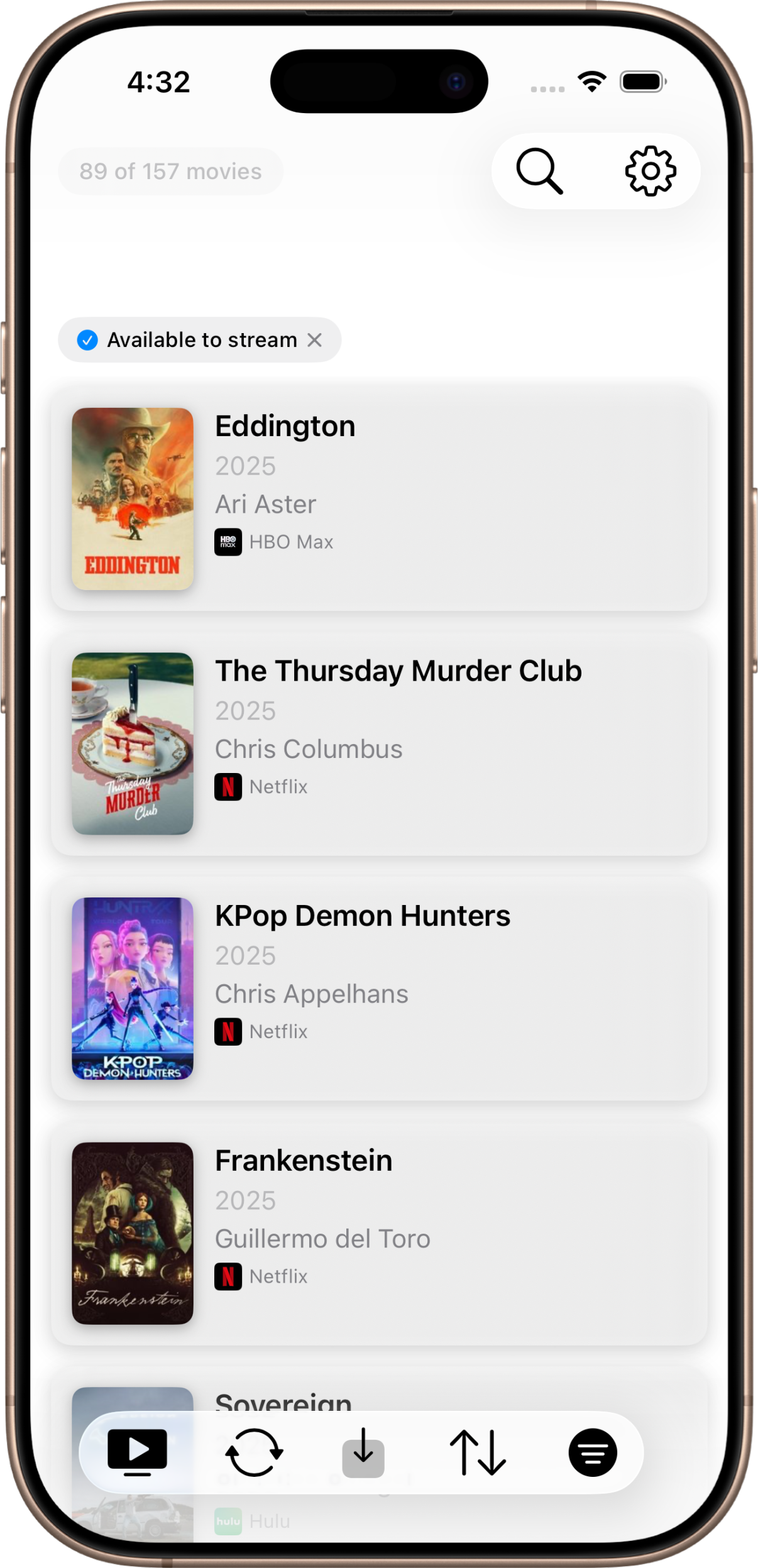 WatchRadar+ movie watchlist search screen with streaming availability filters