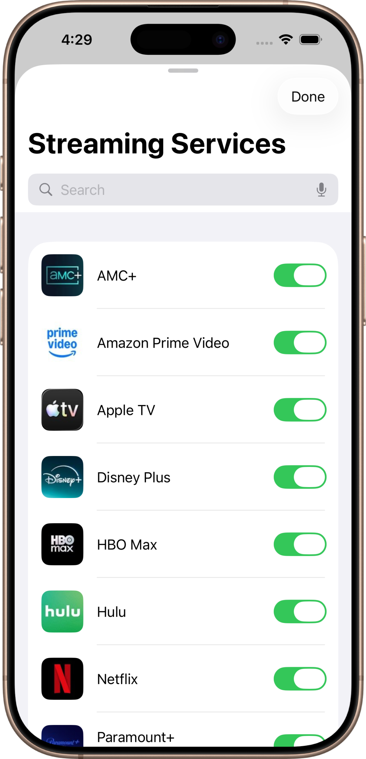 WatchRadar+ service selection screen for Netflix, Disney+, Hulu, and other US streaming platforms